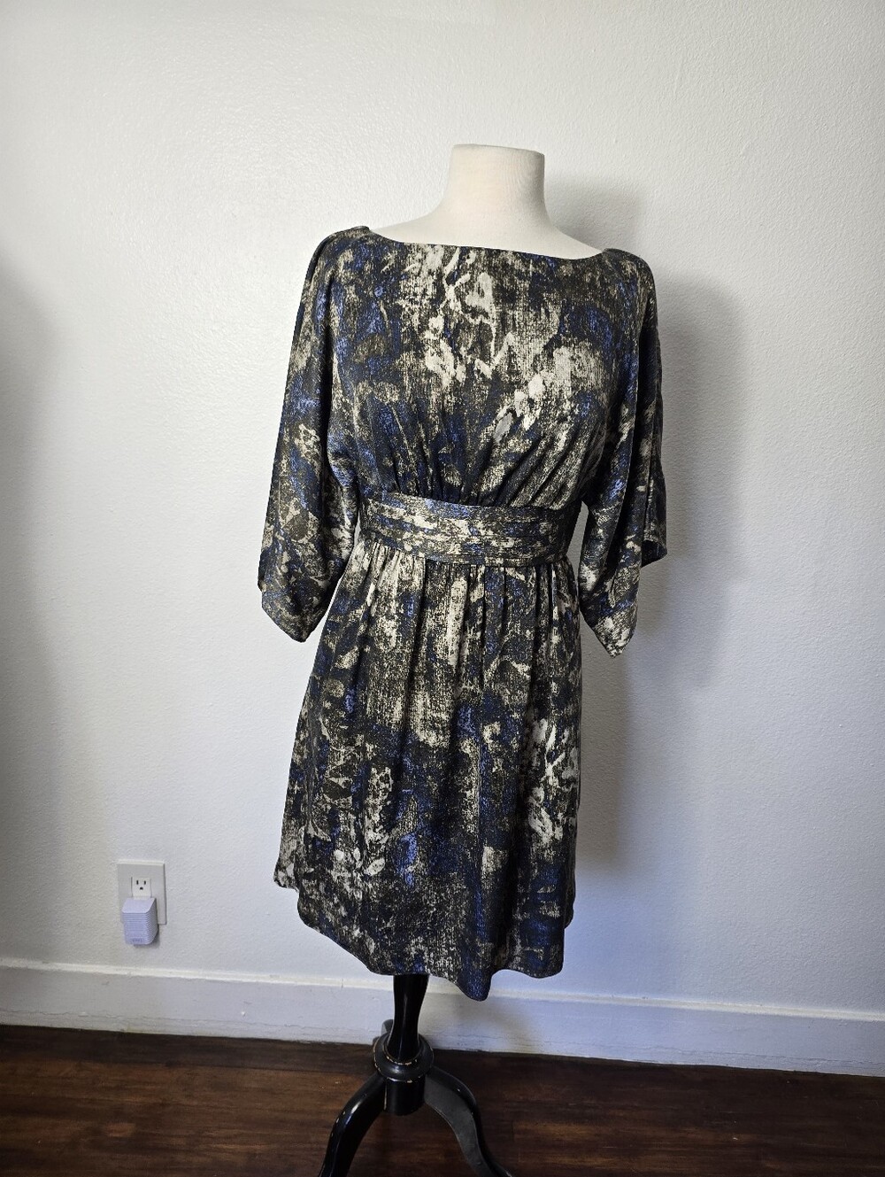 Adrianna Papell Abstract Boatneck Midi Dress in Blue and Black